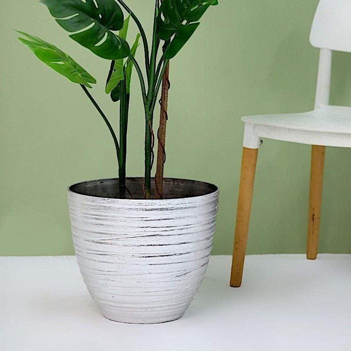 12" tall Metallic Round Plastic Flower Plant Pot with Horizontal Lines Design