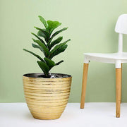 12" tall Metallic Round Plastic Flower Plant Pot with Horizontal Lines Design