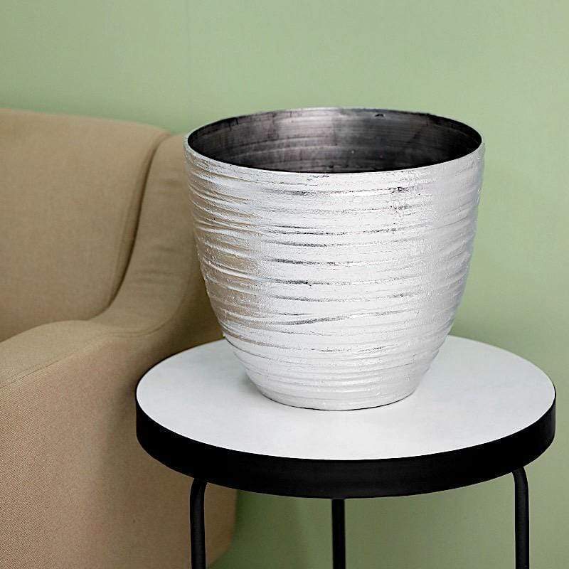 12" tall Metallic Round Plastic Flower Plant Pot with Horizontal Lines Design