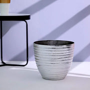 12" tall Metallic Round Plastic Flower Plant Pot with Horizontal Lines Design