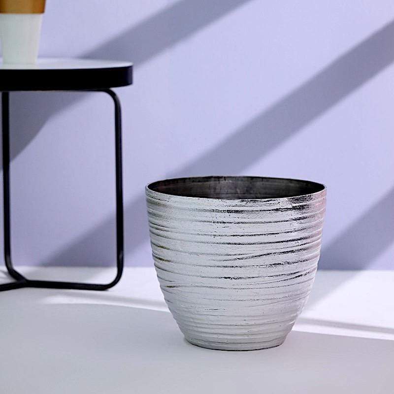 12" tall Metallic Round Plastic Flower Plant Pot with Horizontal Lines Design