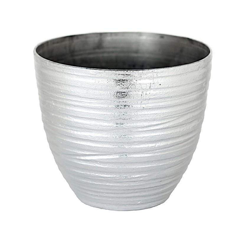 12" tall Metallic Round Plastic Flower Plant Pot with Horizontal Lines Design PLNT_PLST_004_L_SILV