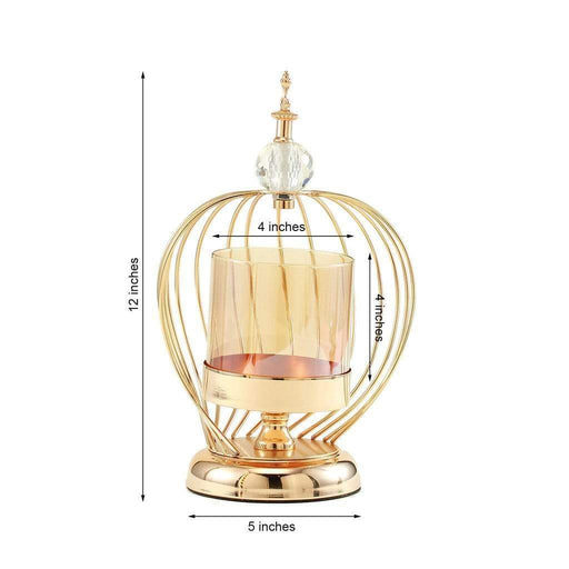 12" tall Open Bird Cage Votive Candle Holder with Glass - Gold IRON_CAND_002_12_GOLD