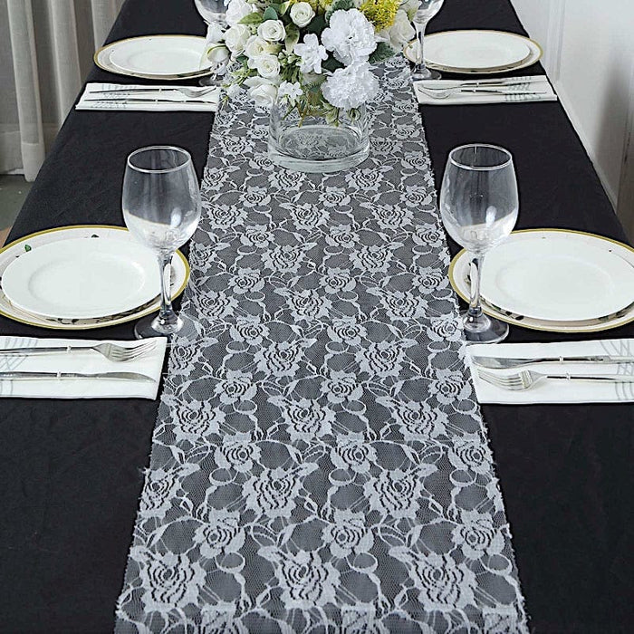 12" x 108" Rose Flower Design Lace Table Runner RUN_LACE03_WHT