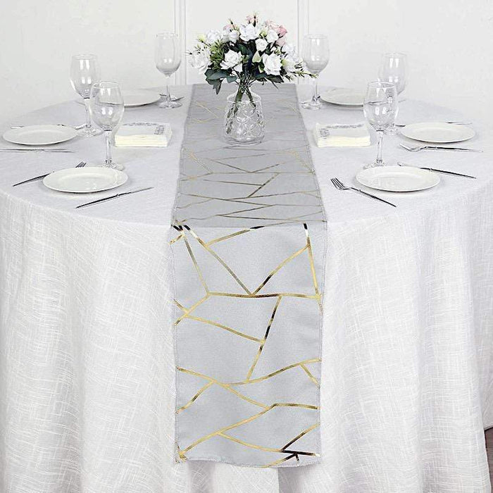 12"x108" Geometric Polyester Table Runner Wedding Linens RUN_FOIL_SILV_G