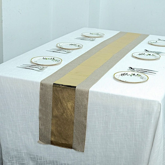 12"x108" Striped Center Faux Burlap Table Runner - Taupe and Gold RUN_JUTE03_STRP02_GOLD