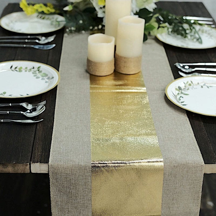 12"x108" Striped Center Faux Burlap Table Runner - Taupe and Gold RUN_JUTE03_STRP02_GOLD