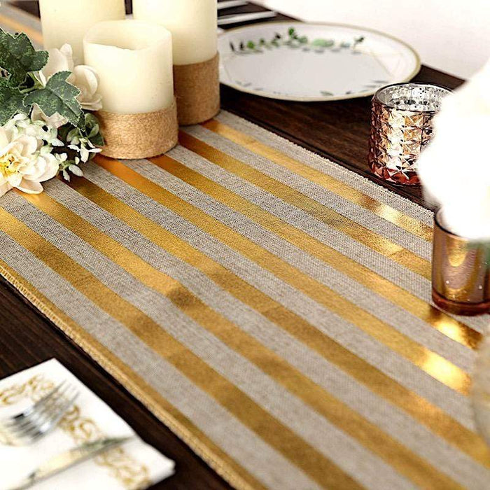 12"x108" Striped Faux Burlap Table Runner - Taupe and Gold RUN_JUTE03_STRP01_GOLD