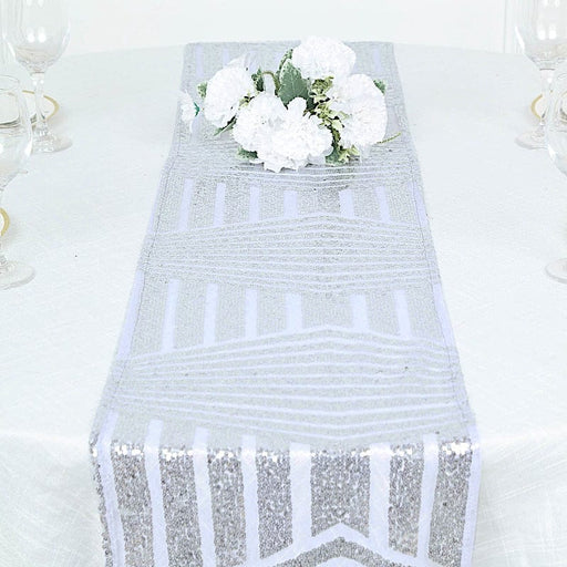12"x108" Tulle Table Runner with Sequins and Geometric Pattern