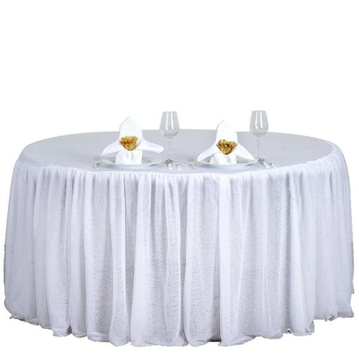 120" 3 Layers Tulle with Satin Topper Fitted Round Tablecloth - White TAB_T02_120_WHT