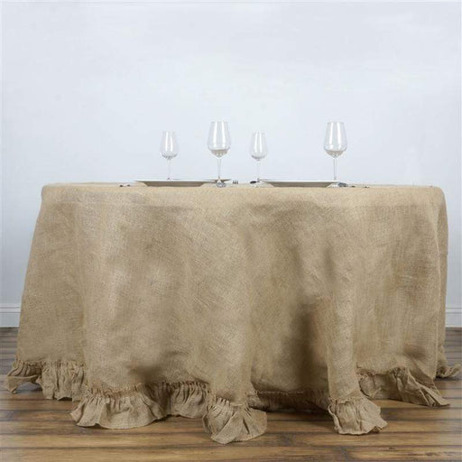 120" Burlap Round Tablecloth with Ruffled Edge - Natural Brown TAB_JUTE_RUF_120_NAT
