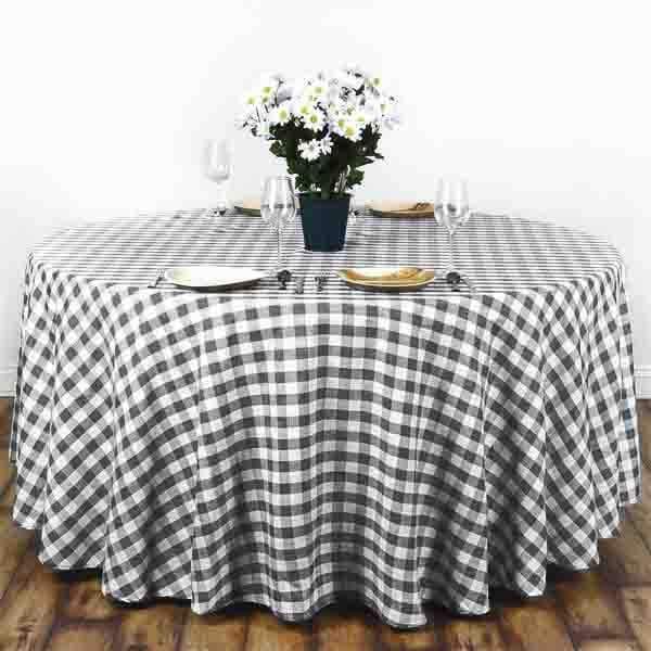 120" Checkered Gingham Polyester Round Tablecloth - Black and White TAB_CHK120_BLK