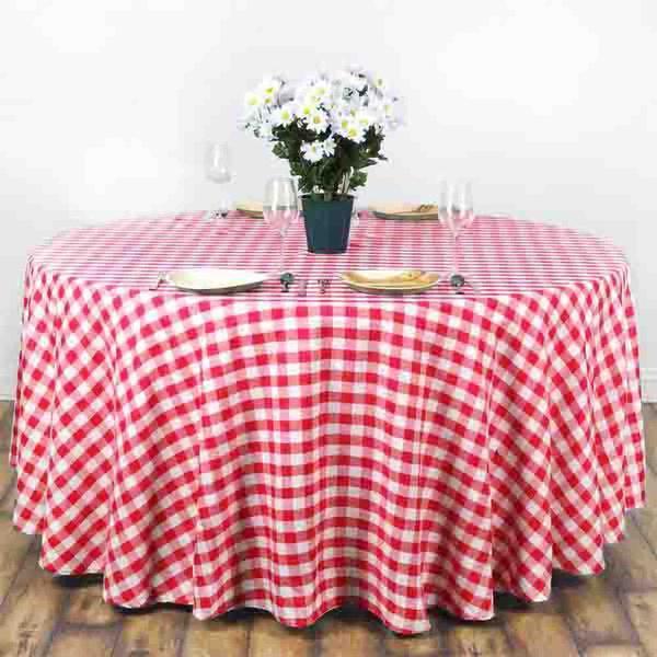 120" Checkered Gingham Polyester Round Tablecloth - Red and White TAB_CHK120_RED