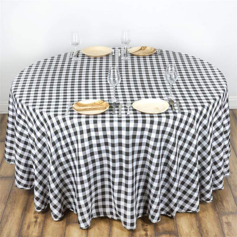 120" Checkered Gingham Polyester Round Tablecloth - Black and White TAB_CHK120_BLK