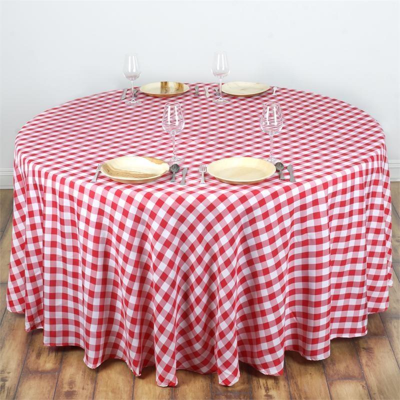 120" Checkered Gingham Polyester Round Tablecloth - Red and White TAB_CHK120_RED