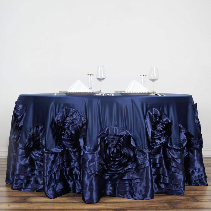 120" Large Roses Lamour Satin Round Tablecloth - Navy Blue TAB_73_120_NAVY