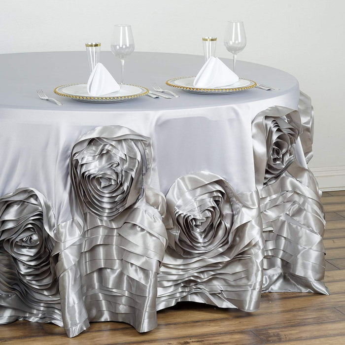 120" Large Roses Lamour Satin Round Tablecloth - Silver Light Gray TAB_73_120_SILV