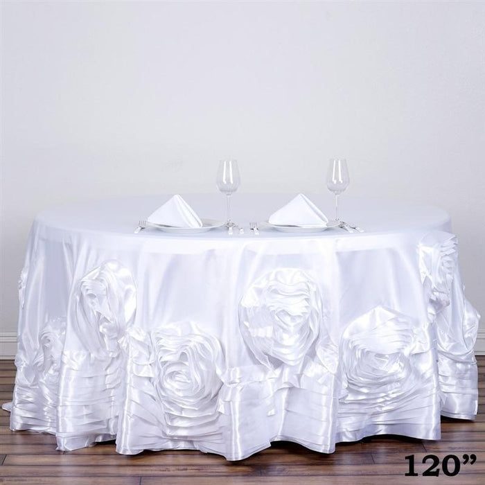 120" Large Roses Lamour Satin Round Tablecloth - White TAB_73_120_WHT