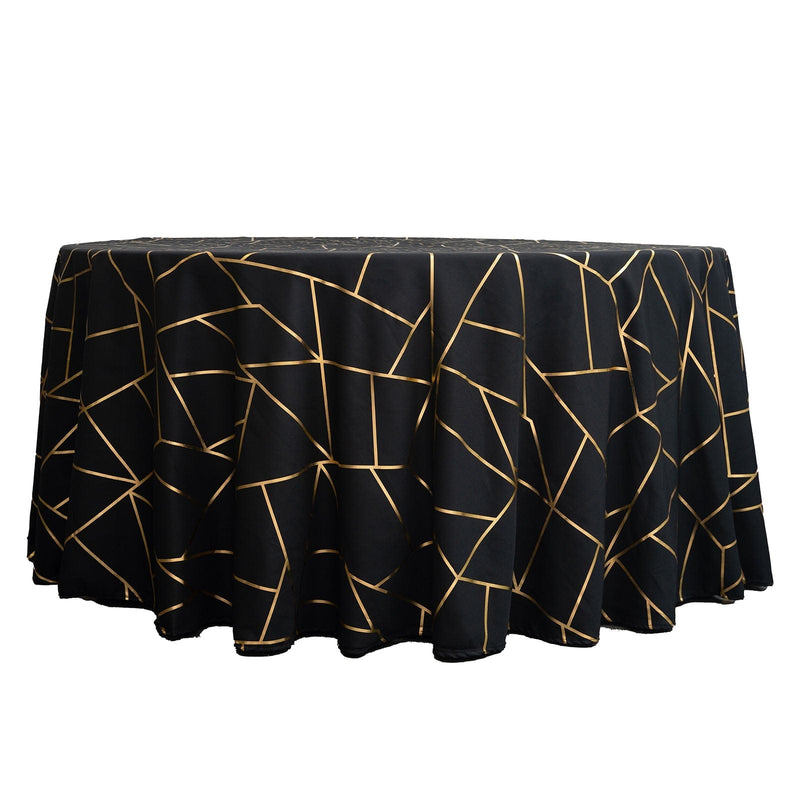 120" Polyester Round Tablecloth with Metallic Geometric Pattern TAB_FOIL_120_BLK_G