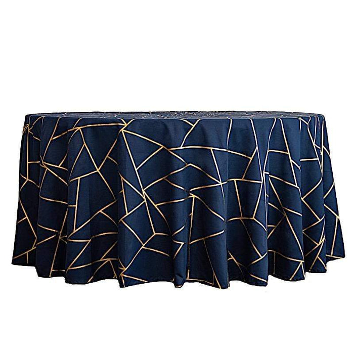 120" Polyester Round Tablecloth with Metallic Geometric Pattern TAB_FOIL_120_NAVY_G