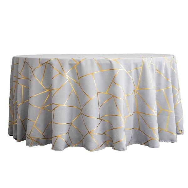 120" Polyester Round Tablecloth with Metallic Geometric Pattern TAB_FOIL_120_SILV_G