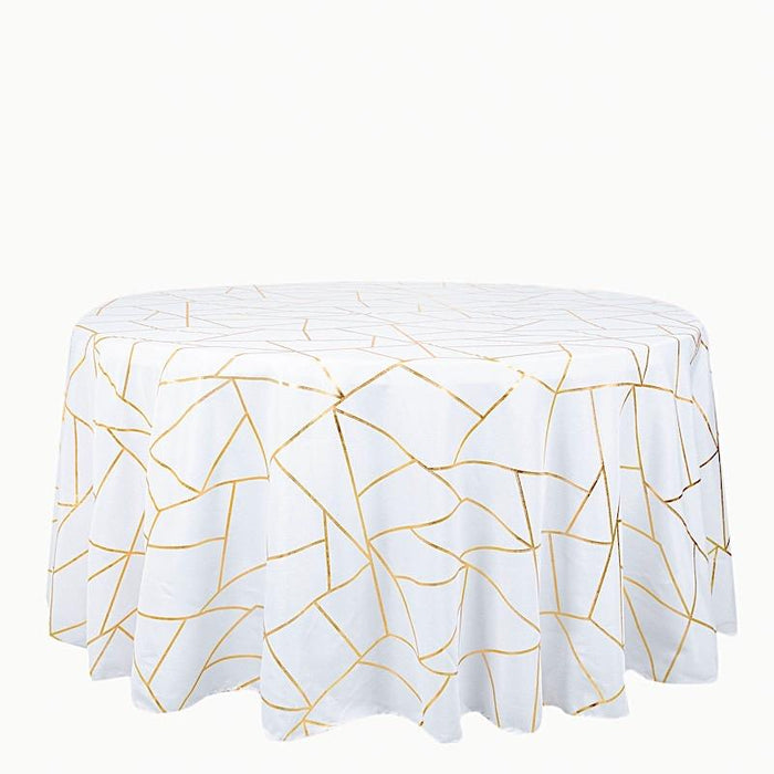 120" Polyester Round Tablecloth with Metallic Geometric Pattern TAB_FOIL_120_WHT_G