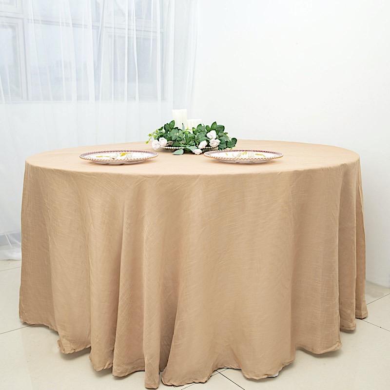 120" Round Premium Faux Burlap Polyester Tablecloth - Natural Brown TAB_JUTE02_120_NAT