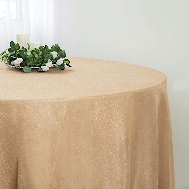 120" Round Premium Faux Burlap Polyester Tablecloth - Natural Brown TAB_JUTE02_120_NAT