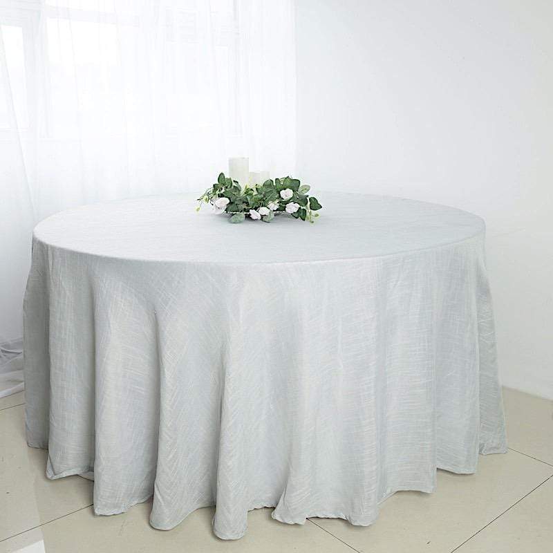 120" Round Premium Faux Burlap Polyester Tablecloth - Silver TAB_JUTE02_120_SILV