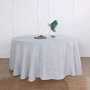 120" Round Premium Faux Burlap Polyester Tablecloth - Silver TAB_JUTE02_120_SILV
