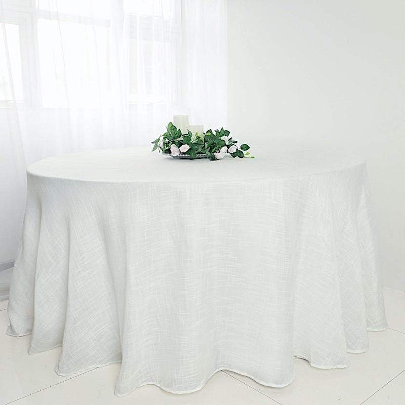 120" Round Premium Faux Burlap Polyester Tablecloth - White TAB_JUTE02_120_WHT