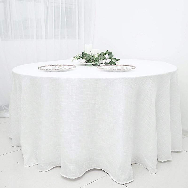 120" Round Premium Faux Burlap Polyester Tablecloth - White TAB_JUTE02_120_WHT