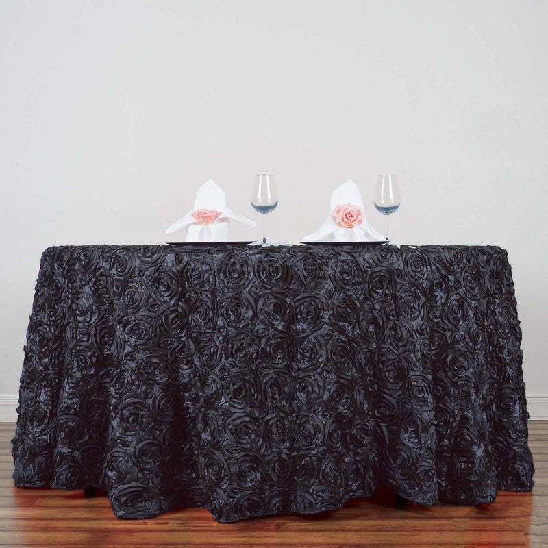 120" Round Satin Ribbon Roses Tablecloth - Black TAB_01_120_BLK