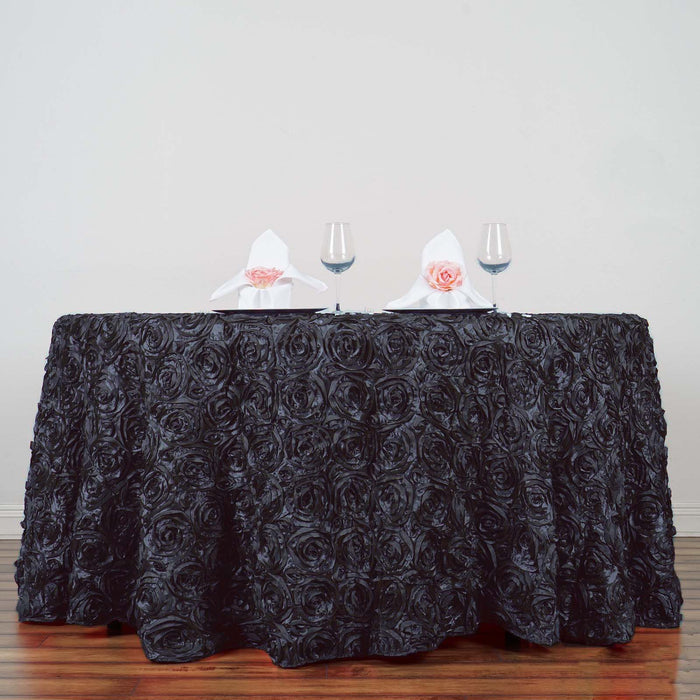 120" Round Satin Ribbon Roses Tablecloth - Black TAB_01_120_BLK
