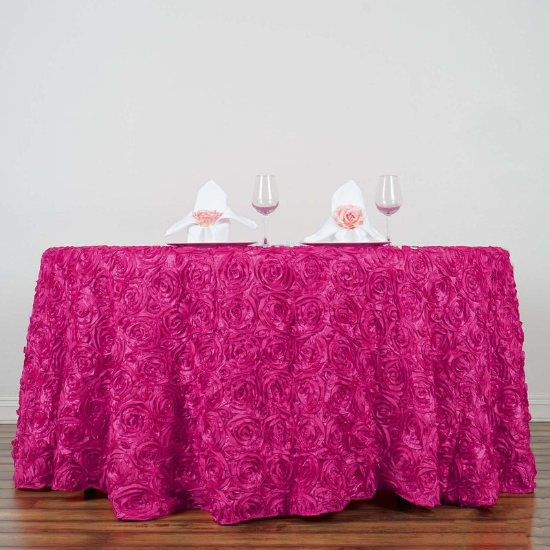 120" Round Satin Ribbon Roses Tablecloth - Fuchsia TAB_01_120_FUSH