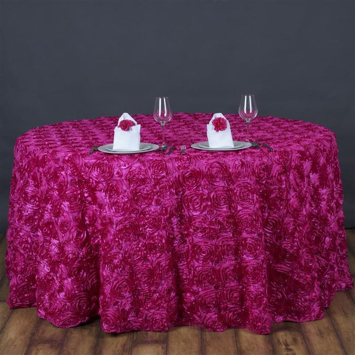 120" Round Satin Ribbon Roses Tablecloth - Fuchsia TAB_01_120_FUSH