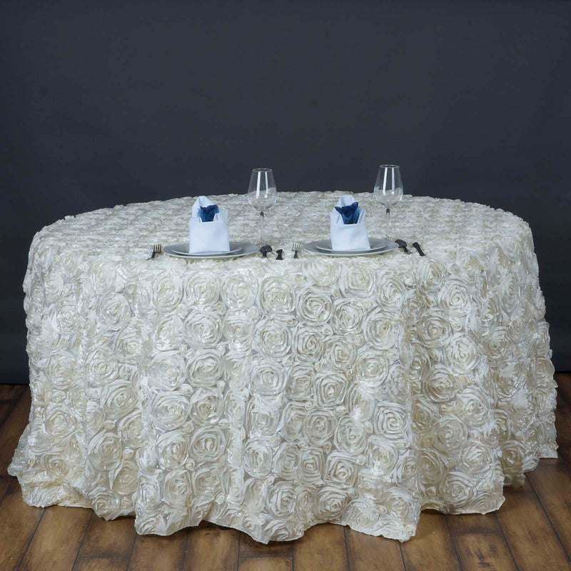 120" Round Satin Ribbon Roses Tablecloth - Ivory TAB_01_120_IVR