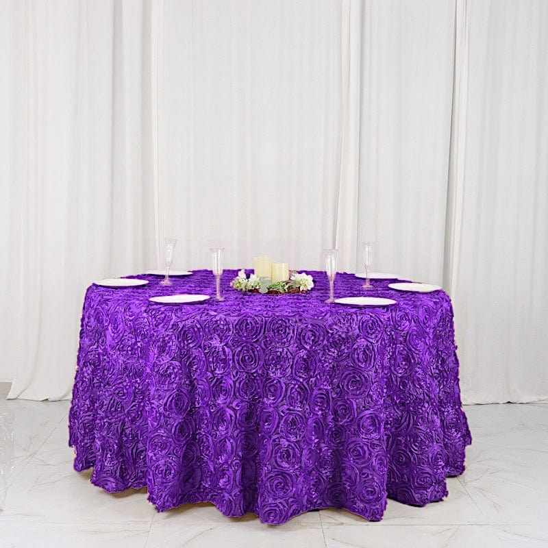 120" Round Satin Ribbon Roses Tablecloth TAB_01_120_PURP