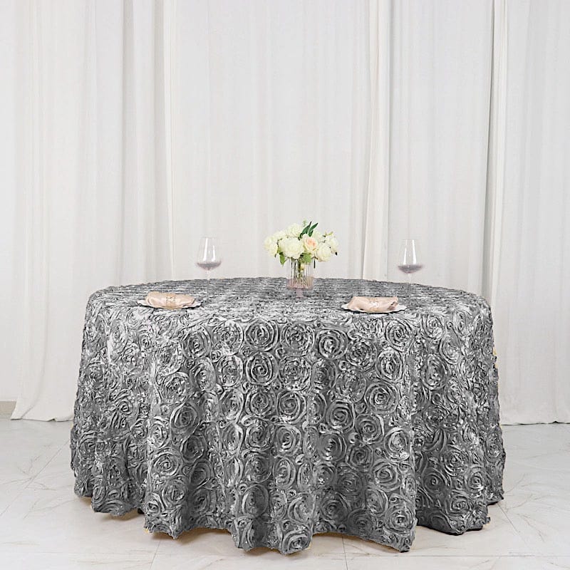 120" Round Satin Ribbon Roses Tablecloth TAB_01_120_SILV