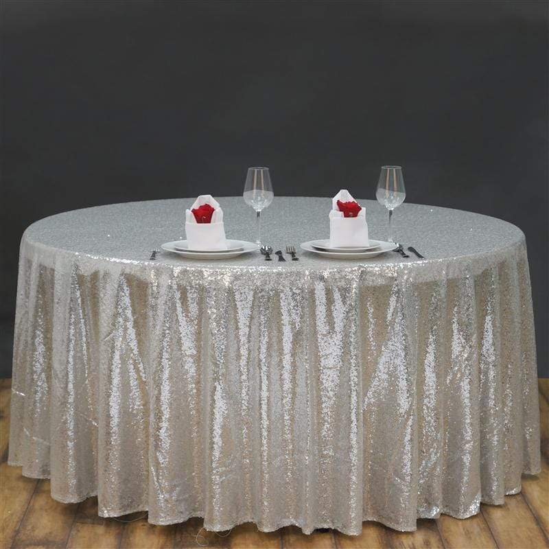 120" Sequined Round Tablecloth - Silver Light Gray TAB_02_120_SILV