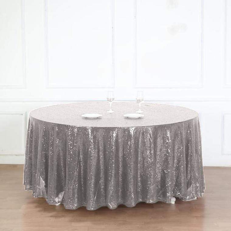 120" Sequined Round Tablecloth - Silver Light Gray TAB_02_120_SILV