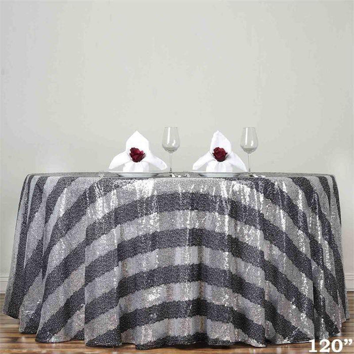 120" Sequined Stripes Round Tablecloth - Black and Silver TAB_02SP_120_BLK