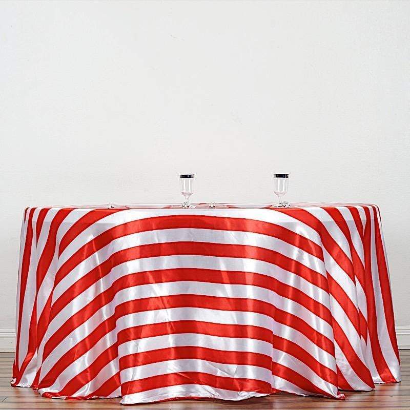 120" Stripes Satin Round Tablecloth - Red and White TAB_15_120_RED