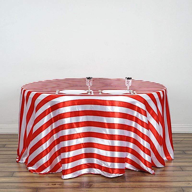 120" Stripes Satin Round Tablecloth - Red and White TAB_15_120_RED
