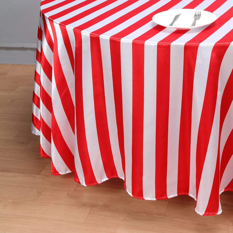 120" Stripes Satin Round Tablecloth - Red and White TAB_15_120_RED