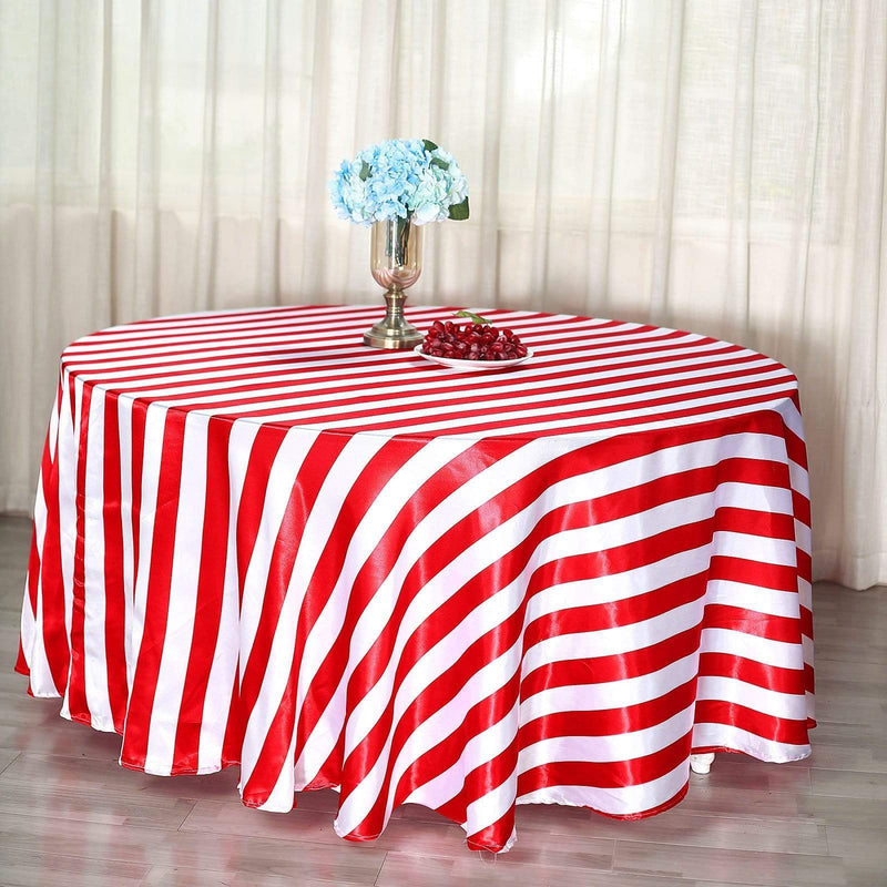 120" Stripes Satin Round Tablecloth - Red and White TAB_15_120_RED