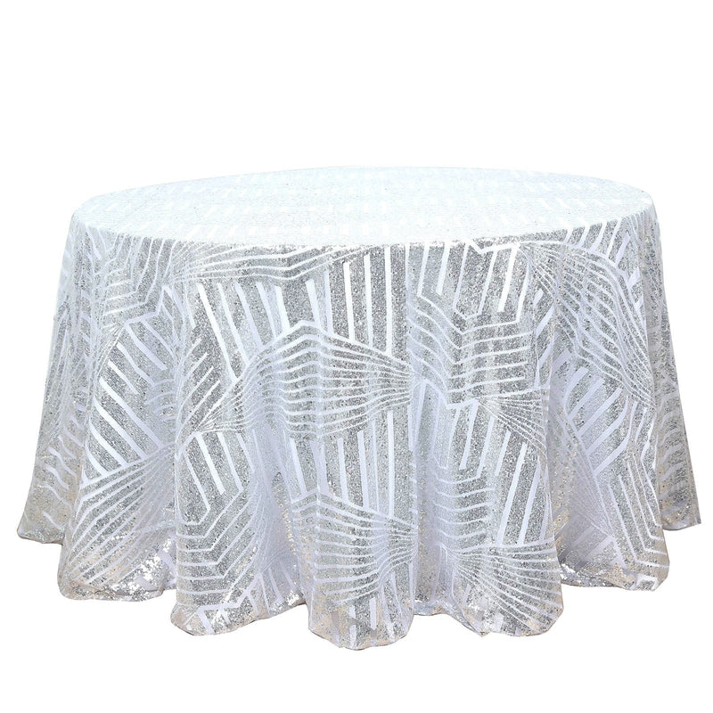 120" Tulle Round Tablecloth with Sequins and Geometric Pattern TAB_02G_120_SILV