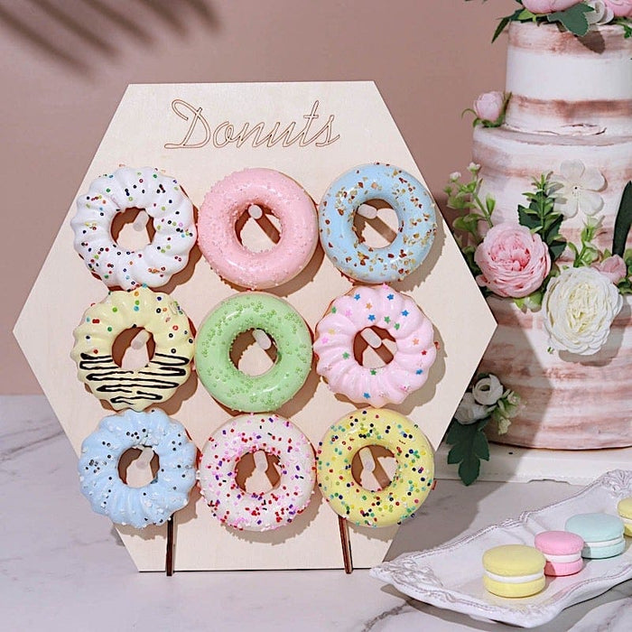 13" Donut Wall Display Stands Hexagon Wooden Board Dessert Holder - Natural CAKE_STND_DNT02_NAT