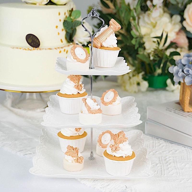13" tall 3 Tier Plastic Dessert Stand Floral Print Square Cupcake Holder