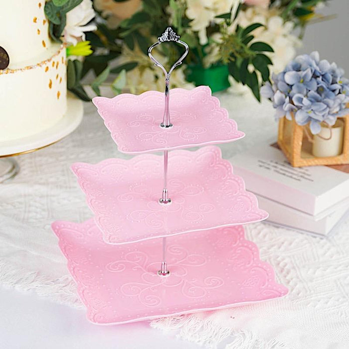 13" tall 3 Tier Plastic Dessert Stand Floral Print Square Cupcake Holder